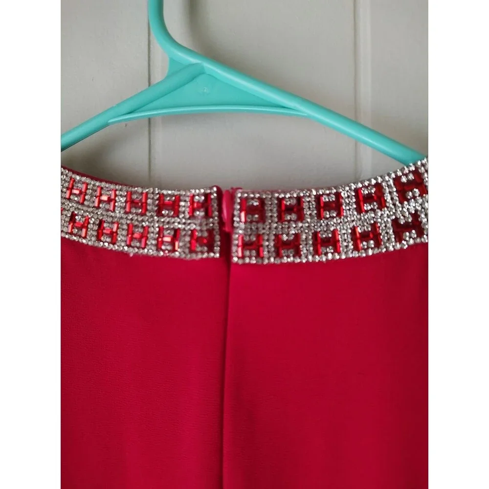 R&M Richards Scarlet Red Beaded Rhinsestone Halter Chiffon Blouse Medium